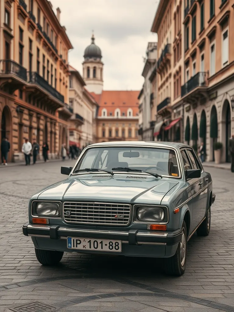 A vintage European car from the 1990s parked in a historic H