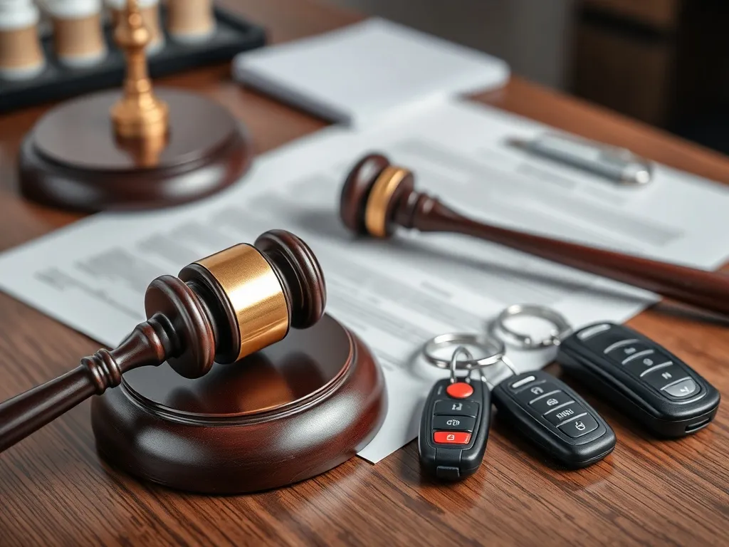 A professional close-up of legal documents, a gavel, and car